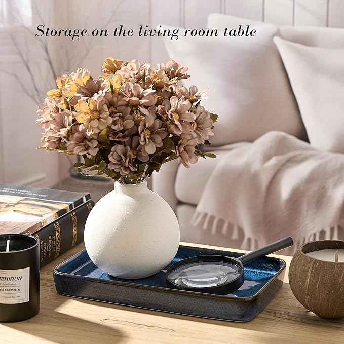 10"×6"×1" Bathroom Vanity Tray for Countertop- Ceramic Decorative Organizer Tray for Dresser Tops, Toilet, Perfume, Sponge Holder Soap Dish Dispenser for Kitchen Counter- Kiln-Transformed Blue