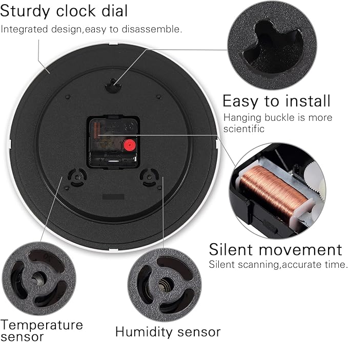 Wall Clock, Sweep Silent Movement Accurate Clocks with Temperature & Humidity, Decorative for Kitchen/Living Room/Bedroom/Office/School/Classroom (White, 10 inch)