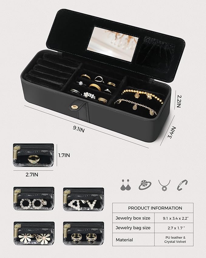 Travel Jewelry Organizer Box – Leather Jewelry Case Gift for Women and Girls – Jewelry Organizer and Storage with 5 Anti-Tarnish Velvet Pouches & Mirror – Portable for Trips and Daily Use