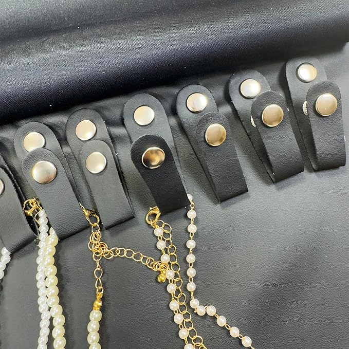 UnionPlus Travel Jewelry Roll, Faux Leather Necklaces Organizer Bag, Elastic Band and Anti-winding, Black