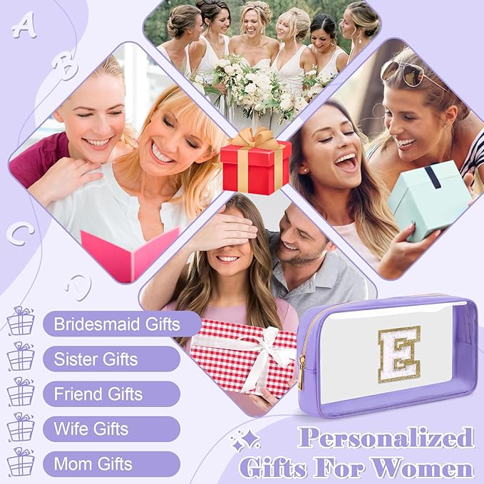 Personalized Initial Letter Clear Makeup Bag, Preppy Small Nylon & PVC Cosmetic Zipper Bag with Chenille Letter, Travel Skincare Toiletry Bag, Monogram Christmas Gift for Teen Girls Women, E
