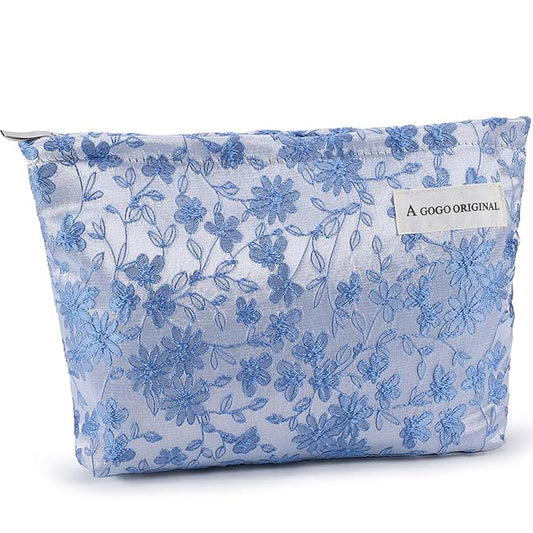 ZLFSRQ Daisy Flower Makeup Bag Travel Floral Cute Cosmetic Bags for Women Large Toiletry Pouch Zipper Cosmetic Pouch for Purse Aesthetic Embroidery Blue Makeup Organizer Bag Portable Toiletry Bags