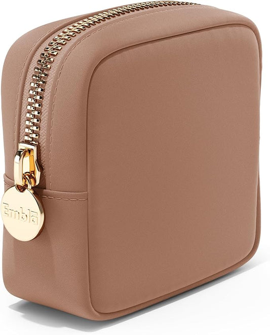 Embla Makeup Bag Travel Cosmetics Pouch and Toiletry Bag, Nylon Zipper Pouch Purse, Cute Make Up Organizer Storage Tote for Women Girls, Travel Skincare Case, Small Makeup Bags, Mocha Mousse