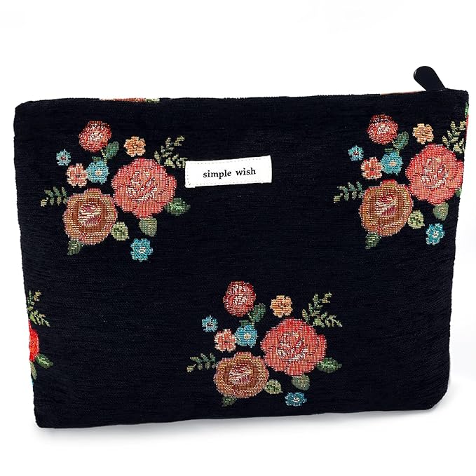 ZLFSRQ Makeup Bag Travel Cute Black Vintage Flower Floral Cosmetic Bags for Women Large Embroidery Toiletry Pouch Zipper Cosmetic Pouch for Purse Aesthetic Makeup Organizer Bag Portable Toiletry Bags