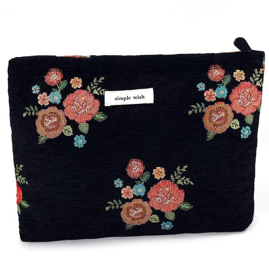 ZLFSRQ Makeup Bag Travel Cute Black Vintage Flower Floral Cosmetic Bags for Women Large Embroidery Toiletry Pouch Zipper Cosmetic Pouch for Purse Aesthetic Makeup Organizer Bag Portable Toiletry Bags