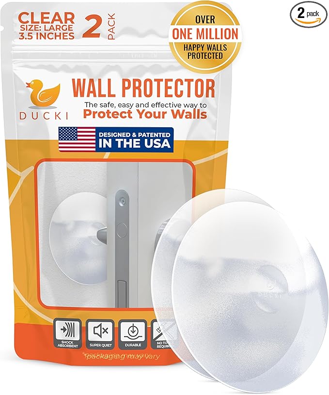 Ducki Door Stop Wall Protectors, 2 Pack Clear, Self Adhesive Reusable Solution for Stopping Wall Damage & Noise from Doors, Refrigerators, & in Your Home or Office, Durable Shock Absorbent & Discreet