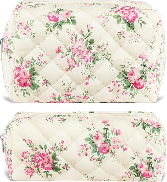 2Pcs Floral Makeup Bag for Women Cotton Quilted Small Coquette Cosmetic Bag Cute Zipper Pink Flower Makeup Pouch Aesthetic Portable Pencil Pouch Travel Toiletry Bag Trendy Cloth Skincare Bag
