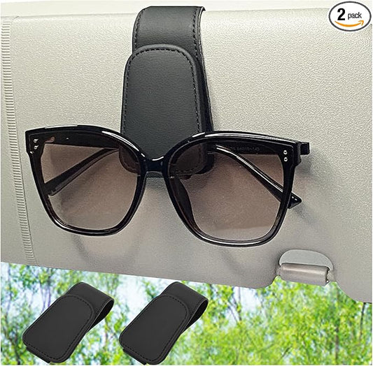 2 Packs Sunglasses Holder for Car, Sunglass Clip for Car Visor, Magnetic Leather Car Eyeglass Holder and Ticket Card Clip, Suitable for Different Size Eyeglasses(Black
