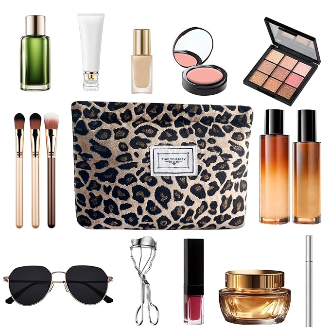 ZLFSRQ Leopard Makeup Bag Cute Cosmetic Bags for Women Cheetah Makeup Bag Canvas Large Capacity Travel Toiletry Bags Aesthetic Cosmetic Pouch for Purse Portable Zipper Skincare Storage Organizer