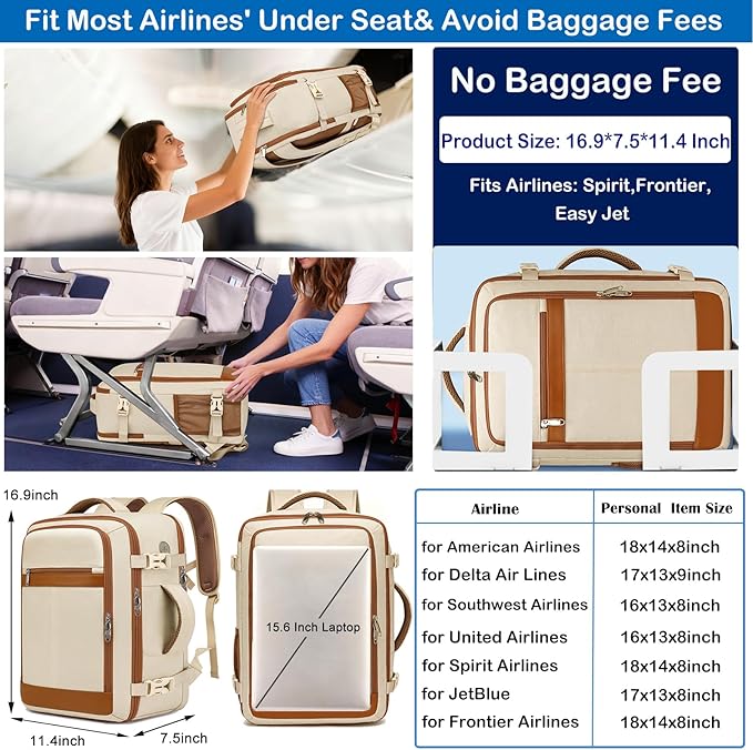 Travel Backpack for Women Airline Approved Carry On Backpack with Shoe Pouch,TSA 15.6inch Laptop Mochila Flight Approved Personal Item Bag for Weekender Overnight Bags Bookbag Travel Essentials,Beige