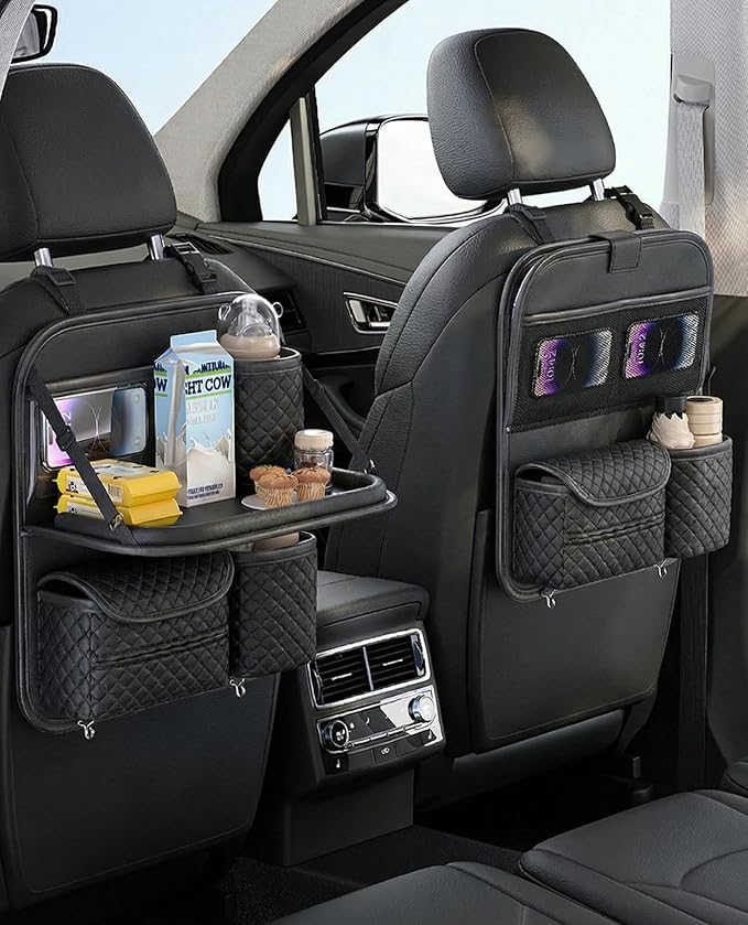 Leather Car Backseat Organizer with Foldable Table Tray - Cup, Tissue, Tablet Holder & Purse Hook, Road Trip Essentials for Car (Black)