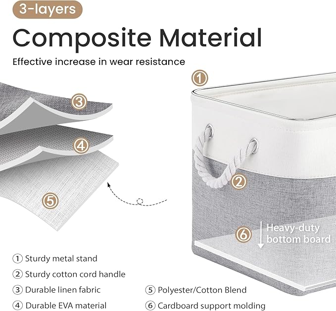 VQRTEXA Large Storage Baskets - 15x11x10 inch Storage Bins for Shelves and Closet Organizing, Foldable Fabric Bin for Home Organization, Clothes and Laundry (6-Pack, White&Gray)