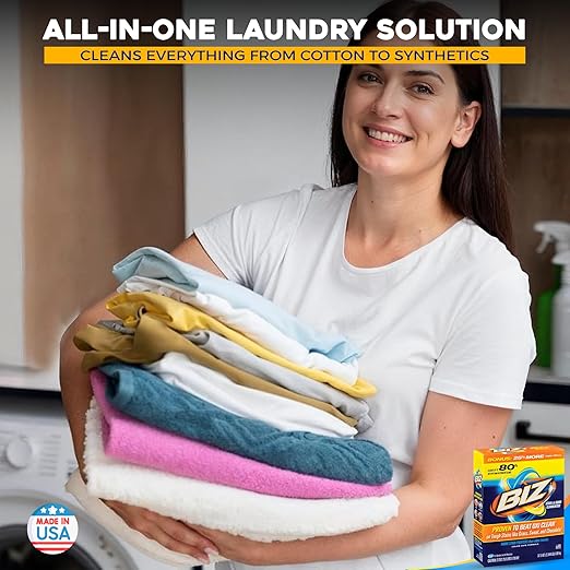 Biz Laundry Detergent Powder, Stain and Odor Eliminator for Tough Stains Like Grass Sweat and Chocolate, Powder Laundry Detergent with 4 Stain Fighters, Color Safe, HE Safe, Unscented, 37.5 Ounce