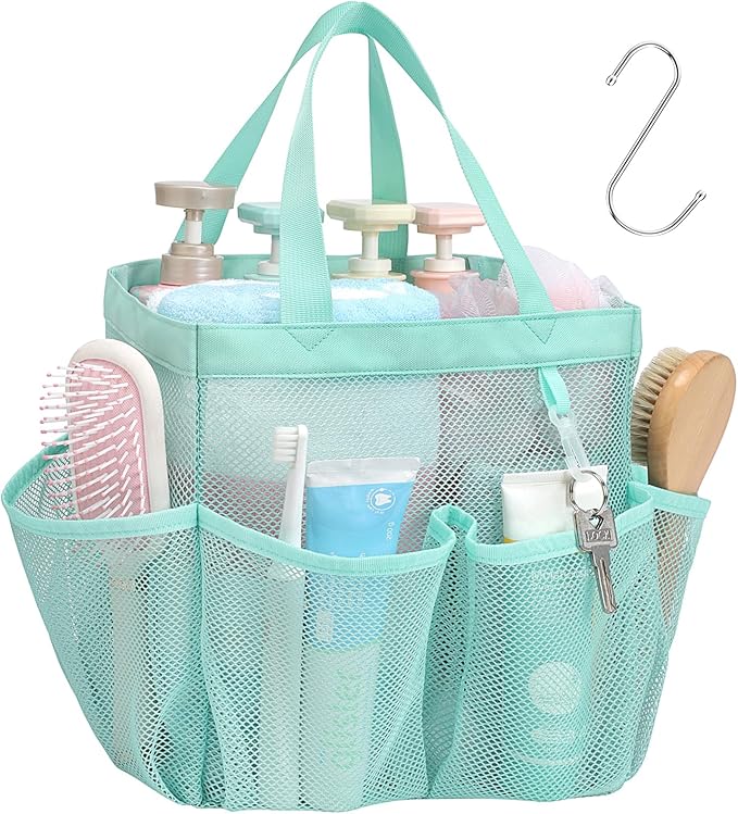 F-color Mesh Shower Caddy Portable, Upgraded Deeper 7-Pocket Shower Bag Basket Tote for College Dorm Room, Toiletry, Bathroom Essentials, Gym, Camp, Quick Dry, 2 Handles with S Hook, Sage Green