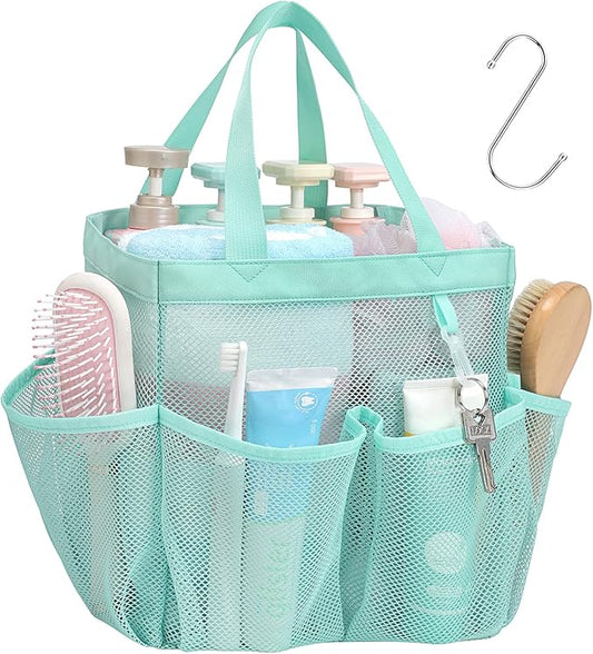 F-color Mesh Shower Caddy Portable, Upgraded Deeper 7-Pocket Shower Bag Basket Tote for College Dorm Room, Toiletry, Bathroom Essentials, Gym, Camp, Quick Dry, 2 Handles with S Hook, Sage Green
