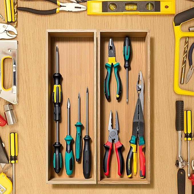 Bamboo Drawer Silverware Organizer, Flatware Organizer, Bamboo Storage Box for Office, Bathroom and other objects storage (large14.2 x5 x2 Small 9.85"x3.55"x1.78"- Set of 4)