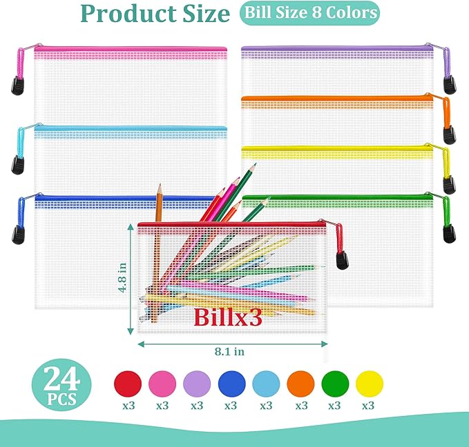 24pcs Mesh Zipper Pouch Bags Small, 8.1x4.8 Inches Zipper Pencil Bags, 8 Colors Pencil Pouch Bulk, Reusable Pencil Bags for Office Supplies and Travel Storage