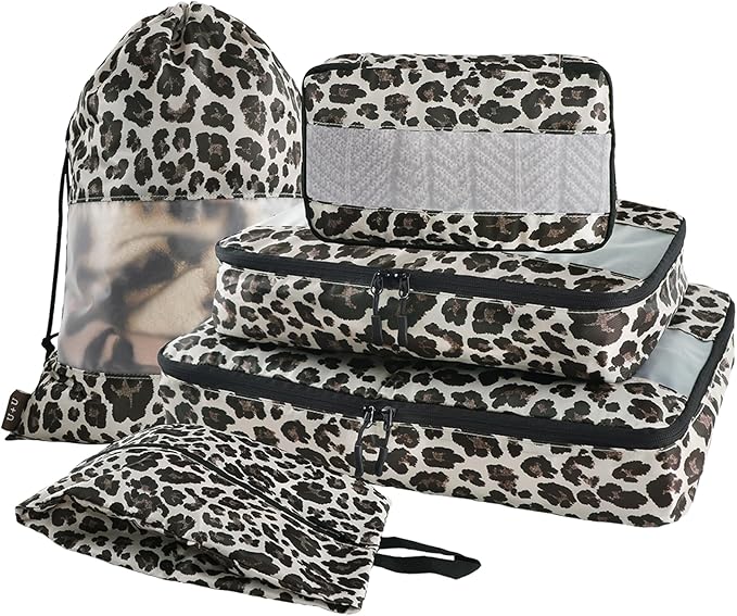 U+U 5 Set Packing Cubes for Travel Essentials Ultralight Luggage Packing Organizers with Laundry Bag and Shoe Bag for Vacation, Business Trip and Camping (Leopard)