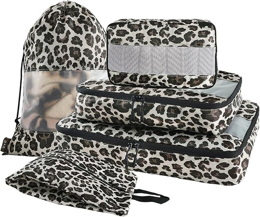 U+U 5 Set Packing Cubes for Travel Essentials Ultralight Luggage Packing Organizers with Laundry Bag and Shoe Bag for Vacation, Business Trip and Camping (Leopard)