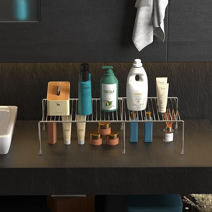 Kitchen Cabinet Expandable Shelf Organizers Set of 2, Adjustable Metal Wire Pantry Storage Shelves, Plate Dish Organizer Rack for Cabinets, Cupboard, Counter, Freezer, Countertop, Chrome