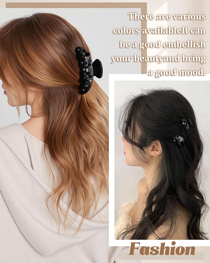 3PCS Acrylic Flower Hair Claw Clips - 2 Styles Durable Medium Small Claw Clips for Women, Strong Hold Cute Non Slip Stylish Accessories Decroation Buns for Thick Thin Hair (black)
