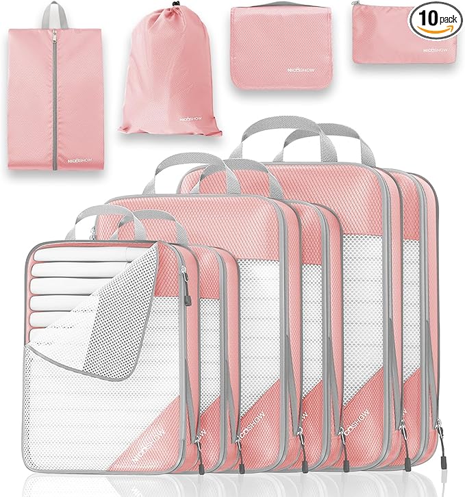 Compression Packing Cubes 10 Set, Compressible Space-Saving Packing Cubes for Travel - Compression Bags, Luggage Organizer, Travel Essentials for Women, Pink