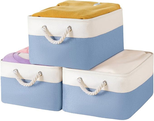 Storage Bins with Sturdy Cotton Handles(3 Pack), Fabric Storage Baskets for Organizing use for Office & Home, Book, Clothes, Toys, Closet Boxes (Medium, Blue-White, 14.2x10.2x7.1 inches)