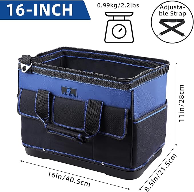 Tool Bag 16'', Multi-pocket Tool Organizer with Waterproof Plastic Base, Heavy Duty Tote with Shoulder Strap for Tool Storage, Black & Blue