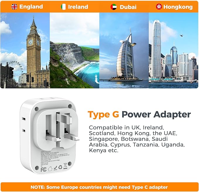 UK Adapters for Travel, TESSAN US to UK Ireland Plug Adapter 20W, Foldable Power Adapter with 4 Outlets 3 USB (PD 20W 1 USB C) Charger, Type G for USA to Scotland London England Hong Kong Dubai Ireland