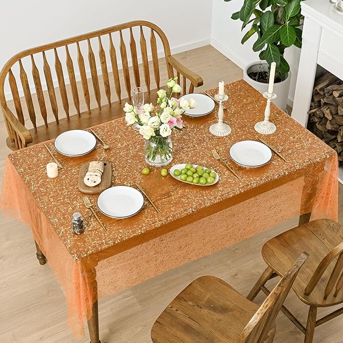 Horaldaily Orange Gold Gauze Tablecloth 60x60 Inch Square, Orange Sequin Glitter Metallic Foil, Sheer Tulle Cheesecloth for Wedding Baby Shower Ceremony Birthday