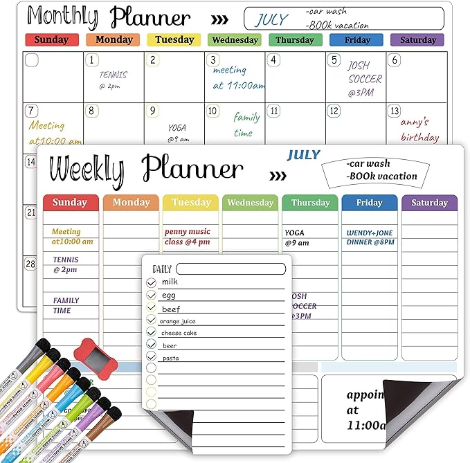 Hivillexun Magnetic Dry Erase Calendar Whiteboard Set (3-Pack) for Fridge, Wall, and Refrigerator Organization – Monthly, Weekly, and Daily Planners with 8 Markers and Eraser