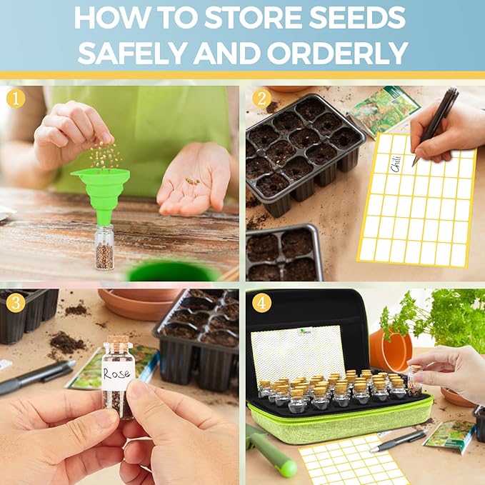 【40 Slots】 Seed Storage Organizer, Sturdy Organizer Box with Dual Zipper Bag and 42Pcs Label Stickers, Glass Seed Storage Container for Flower Vegetable Plants Garden Seeds Saving, Green