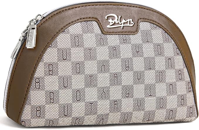 BOYATU Small Travel Makeup Bag for Women: Elegant Vegan Leather Cosmetic Pouch for Purse - Waterproof Toiletry Bag with Mirror (023-Light Brown)