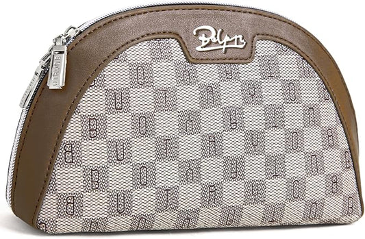 BOYATU Small Travel Makeup Bag for Women: Elegant Vegan Leather Cosmetic Pouch for Purse - Waterproof Toiletry Bag with Mirror (023-Light Brown)