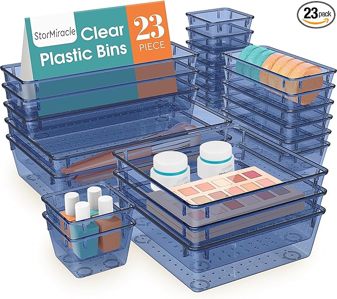23 PCS Drawer Organizer Set, 5 Varied Size Bathroom and kitchen Drawer cabinet organizer Trays, Clear Storage Bins for Makeup, Jewelry, Utensils and Gadgets, Dark Blue