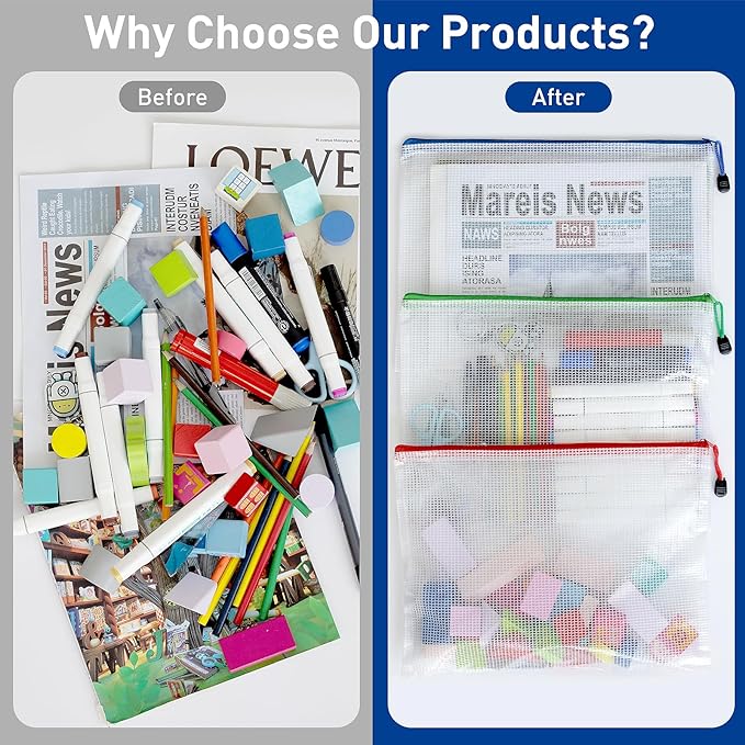 24pcs Clear Zipper Pouches, A4 Zipper Bag, 12 Colors Letter Size Organizer Bags, Toy Bags for Storage, Mesh Bags for Classroom, Home Organization, Teacher Supplies