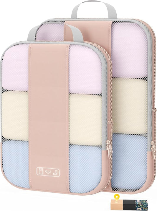 2 Set Compression Packing Cubes for Travel Essentials, Compressible Expandable Packing Cubes for Suitcase, OlarHike Luggage Organizer Bags for Travel, Handy Helper for Organizing Clothes (Beige)