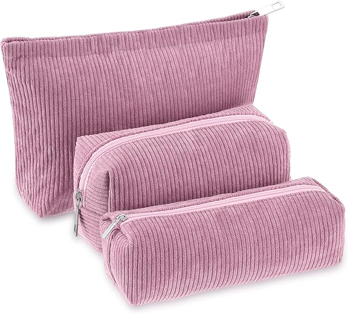 3 Pcs Makeup Bag Set for Women Corduroy Cosmetic Pouch Aesthetic Smile Travel Toiletry Bag Cute Purse Pouch Pencil Case Makeup Brushes Storage Organizer for Christmas(Rose Pink,Solid Style)