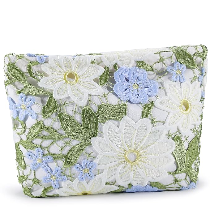 ZLFSRQ Lace Flower Makeup Bag Travel Cute Floral Cosmetic Bags for Women Large Toiletry Pouch Zipper Cosmetic Pouch for Purse Aesthetic Make up Organizer Bag Portable Toiletry Bags