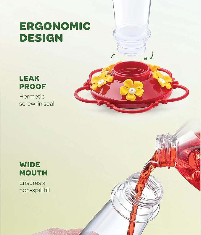 Hummingbird Feeder 10 oz Plastic Hummingbird Feeders for Outdoors, with Built-in Ant Guard - Circular Perch with 5 Feeding Ports - Wide Mouth for Easy Filling/2 Part Base for Easy Cleaning