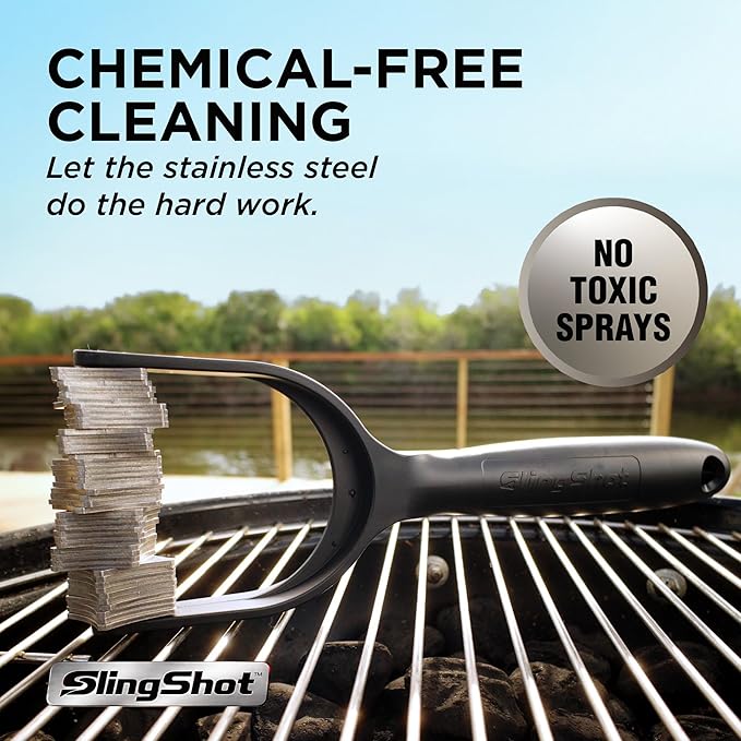 Slingshot Grill Cleaner- Bristle-Free BBQ Tool for Outdoor Grates, Heavy Duty Grill Scrubber, Stainless Steel Blades, Cold Grill Cleaning Accessory for Grilling Maintenance