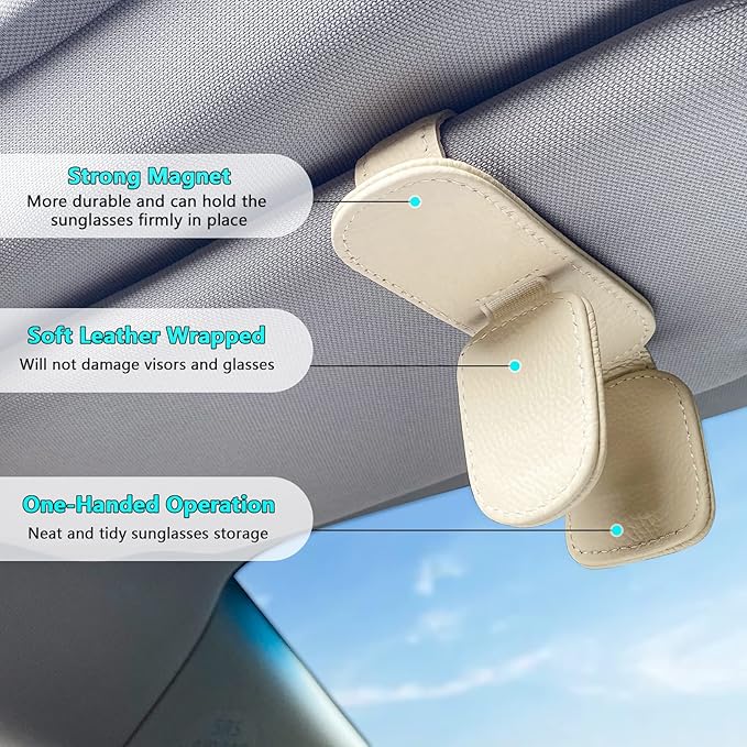 2 Pack Sunglass Holder for Car Visor Clip, Magnetic Leather Eyeglass Hanger Clip for Car, Square Car Visor Accessories (White)