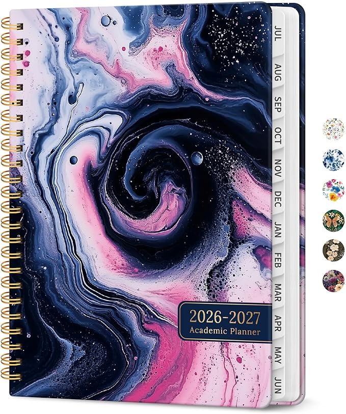 Planner 2026-2027, Academic Year Monthly and Weekly Calendar Planner, Jul 2026 - Jun 2027, Hardcover Teacher Student Planning Agenda book with Tabs, Perfect for School Office Supplies, 6.3" x 8.5" - Pink Vortex