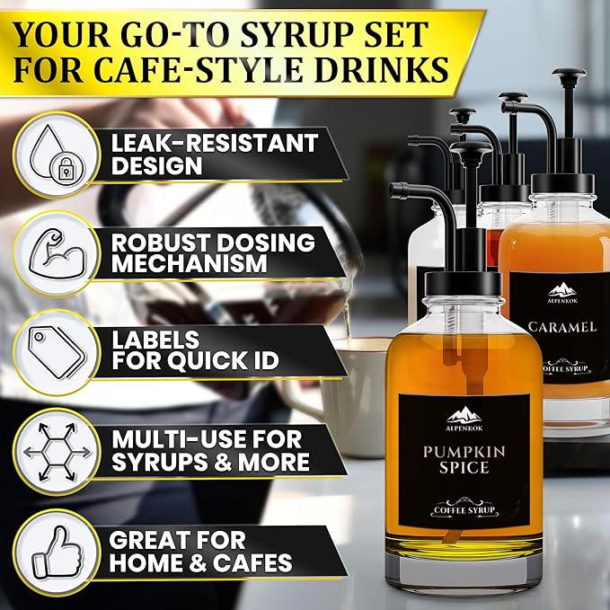 Set of 4 Glass Syrup Dispensers 16.9oz 500 ml – Pump Coffee Dispenser with 18 Marked Labels, Leak-Proof, Easy Cleaning – Coffee Essentials for Coffee Bar | Parties & Event Ready (Black Pumps)