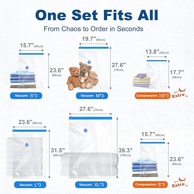 HOUSE DAY 18 Pack Vacuum Storage Bags with Electric Pump, Valve, Space Saver Vacuum Seal Bags for Clothing, Comforters, and Travel Essentials 3 Jumbo, 3 Large, 3 Medium, 3 Small/3 Small, 3 XS Roll-Up Bag