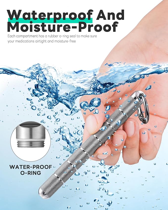 TISUR Titanium Keychain Pill Holder Small Metal Pill Case, Pill Organizer Portable Waterproof Pill Container, Travel Pill Bottle Box for Purse (Tiny-0.39in 7 Separate Compartments)