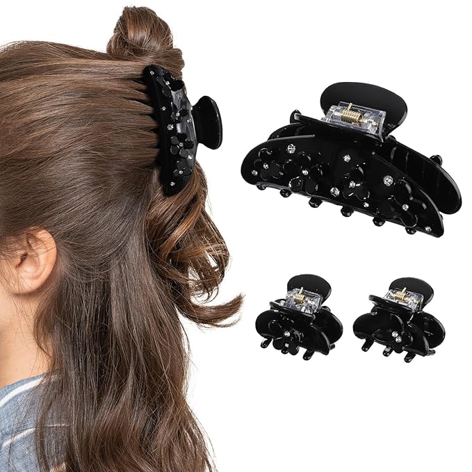 3PCS Acrylic Flower Hair Claw Clips - 2 Styles Durable Medium Small Claw Clips for Women, Strong Hold Cute Non Slip Stylish Accessories Decroation Buns for Thick Thin Hair (black)