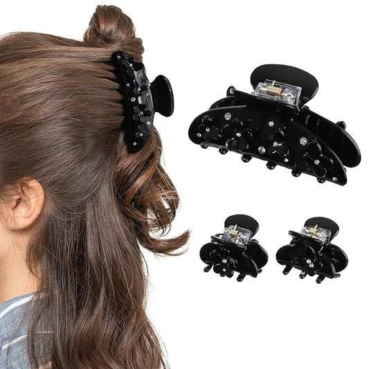3PCS Acrylic Flower Hair Claw Clips - 2 Styles Durable Medium Small Claw Clips for Women, Strong Hold Cute Non Slip Stylish Accessories Decroation Buns for Thick Thin Hair (black)