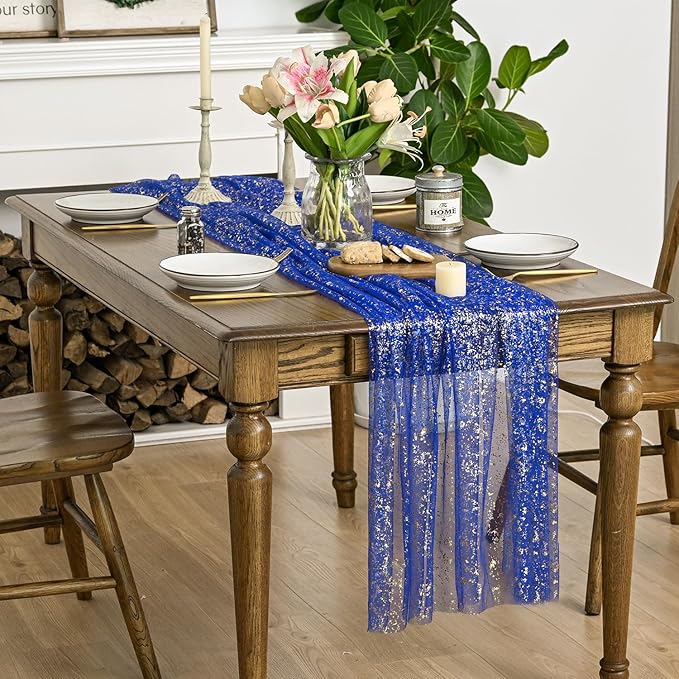 Horaldaily Royal Blue Gold Gauze Tablecloth 60x140 Inch Rectangular, Golden Sequin Glitter Metallic Foil, Sheer Tulle Cheesecloth for Wedding Baby Shower Ceremony Birthday