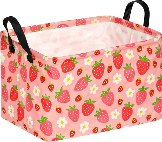 KUNRO Rectang Storage Basket Gift Shelf Basket Storage Bin, Nursery Basket Organizer Box for With Handles for Room Deco (Strawberry)
